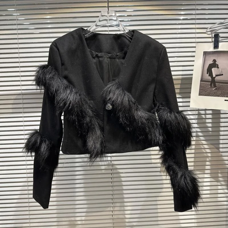 

【Absgd】2022 Winter New Arrival Long Sleeve V Neck Faux Fur Patchwork Diamonds Buttons Black Blazer Jacket Women GH085