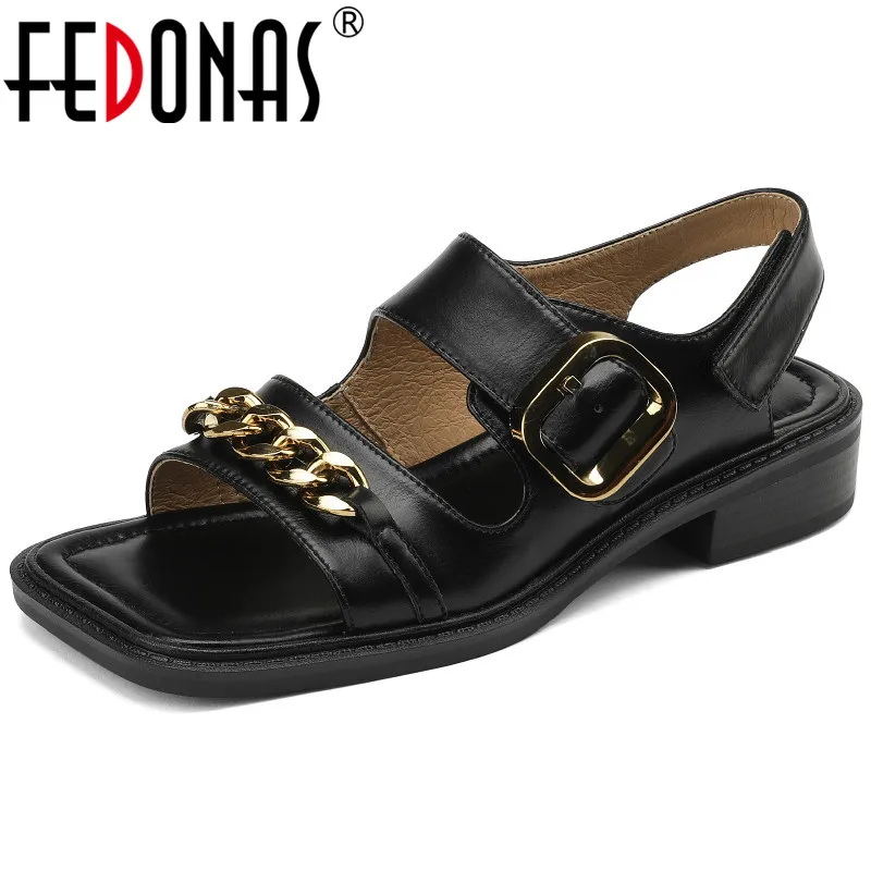 

FEDONAS 2022 Retro Women Sandals Fashion Chain Buckle Genuine Leather Low Heels Office Ladies Casual Peep Toe Shoes Woman Summer