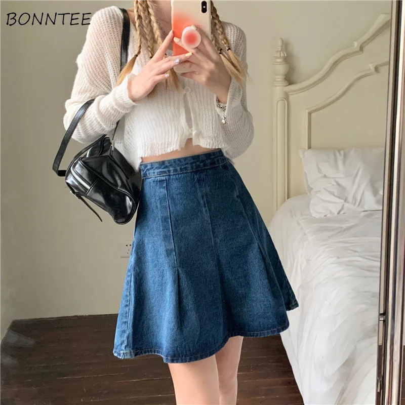 

Denim Skirts Women Mini Pleated High Waist Retro Vintage All-match Students Feminine Harajuku Summer Casual Solid Clothes Trendy