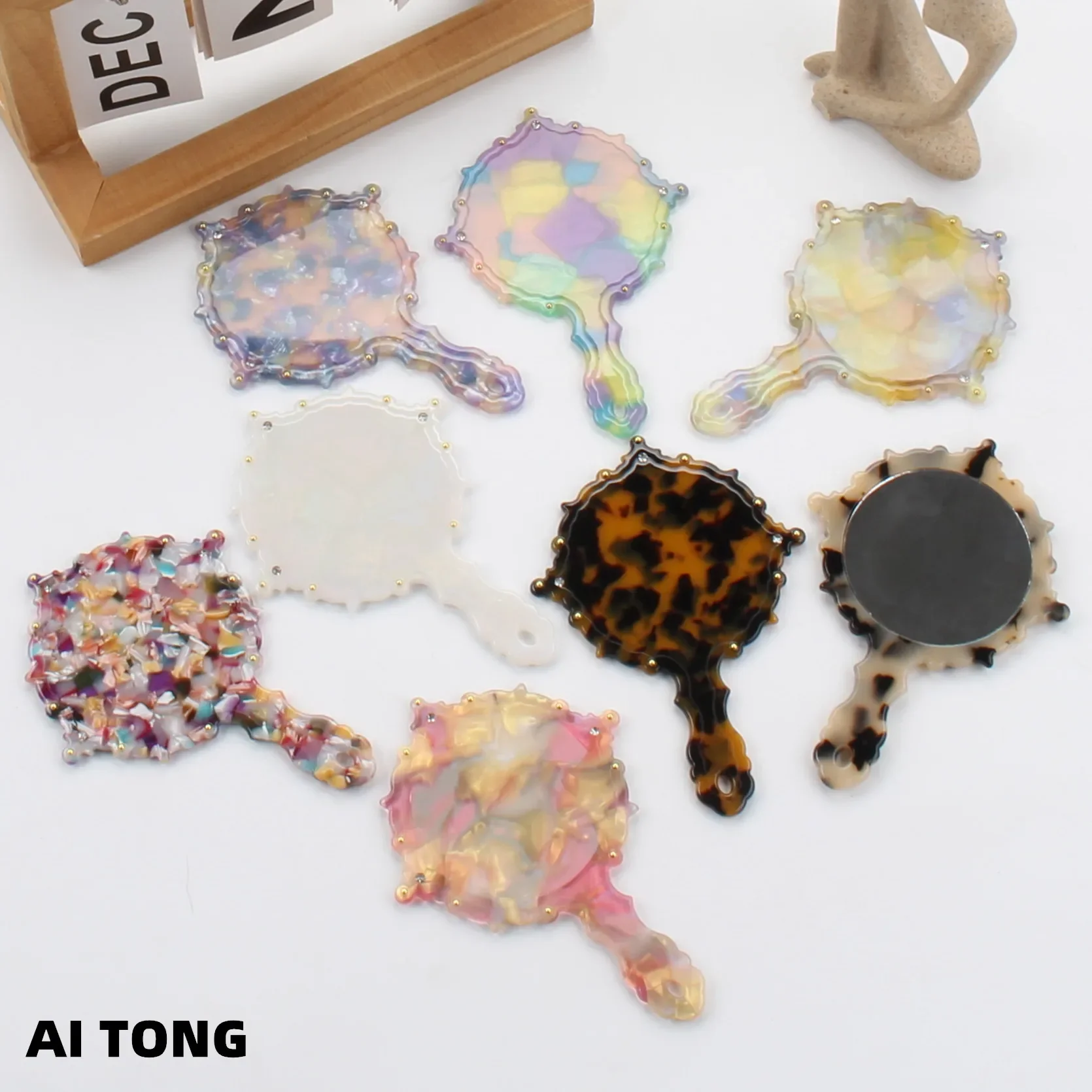 1 шт. портативное зеркало с ручкой и нежным ацетатным узором для макияжа