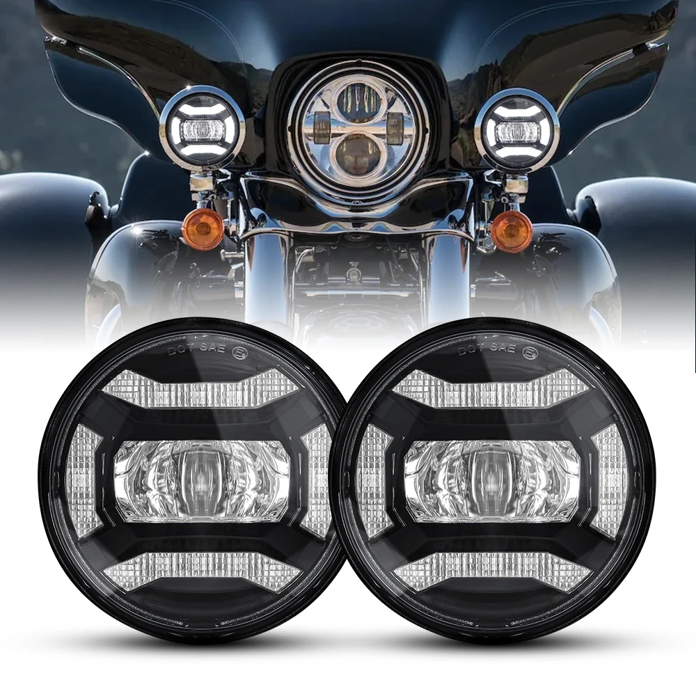 

Newest 4.5 Inch Round Black LED Fog Lights White DRL Halo for Harley FLHR Road King Classic Electra Glide Ultra Classic Motor