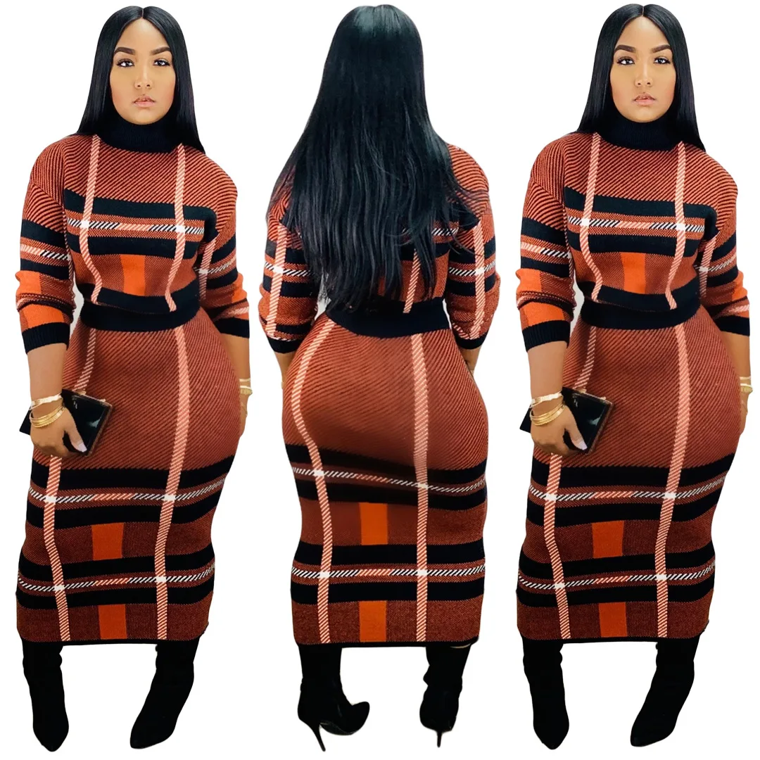 European and American women's casual fashion long sleeve pile collar printed long skirt two-piece set women's suit