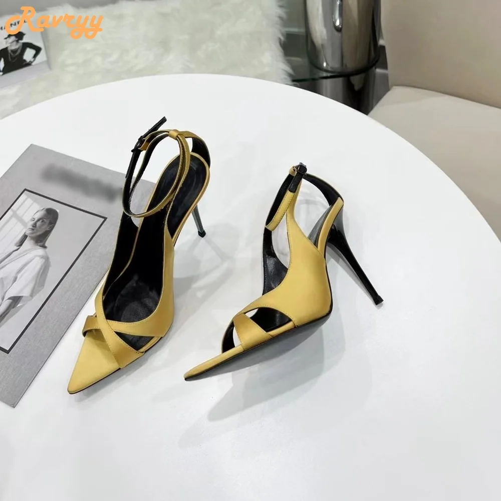2022 New Satin Hollow Sandals Pointed Toe Stiletto Heel Shallow High Heels Ankle Strap Women Fashion Casual Black Purple Sandals