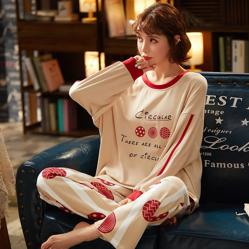 pajamas women's autumn new long sleeved knitted cotton loose round neck pullover large size home clothes two-piece can be