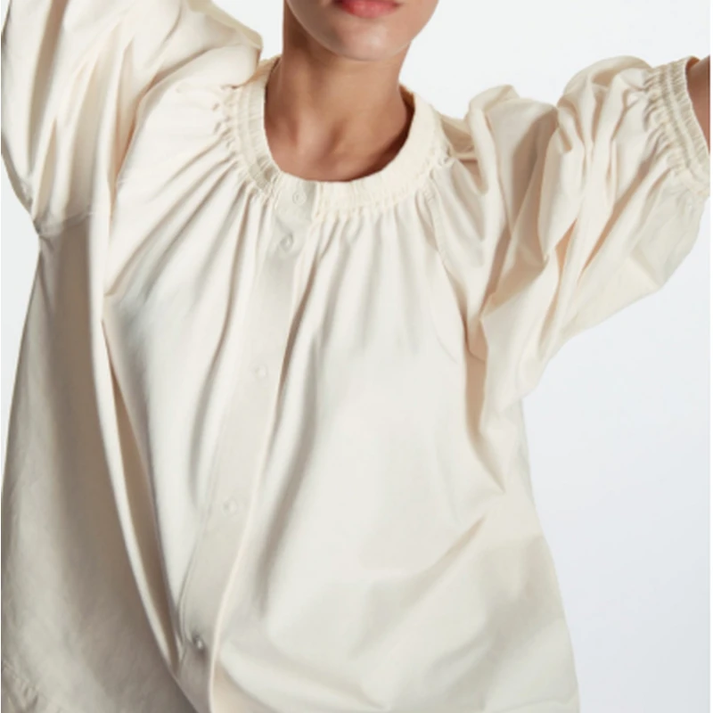 

2022 New Ladies Simple Pure Cotton O-Neck White Loose Long Sleeve Blouse Women's Fashion Casual Drawstring Single Breasted Tops