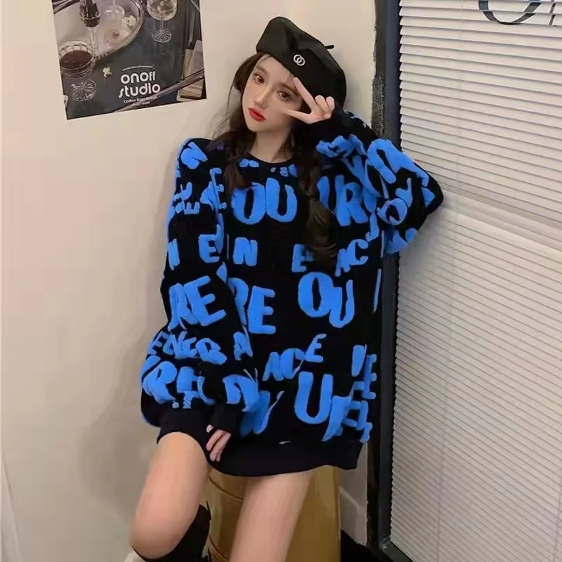 

Women Clothing Letter Pattern Sweaters Knitwear 2022 Autumn Winter New O Neck Casual Korean Black Pullovers Female Pull Femme