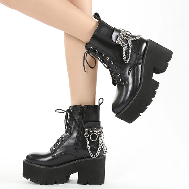 

ботинки панк ботинки на платформе сапоги женские Женские короткие кожаные ботинки, удобная обувь на платформе с металлической цепочкой, большие размеры, 2022, брендовые модные трендовые Ботинки на каблуке