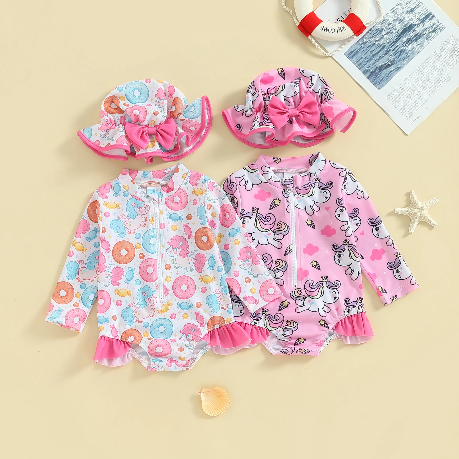 2024 Летний Пляжный Купальник для маленьких девочек с длинным рукавом и ложным