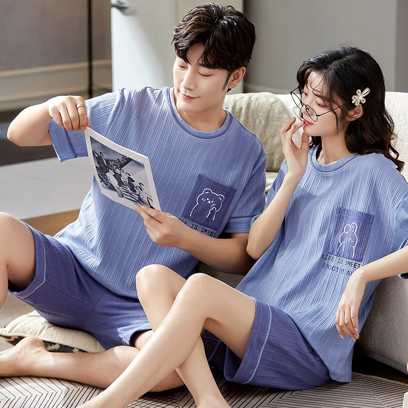 Can be worn outside summer couple cotton pajamas short-sleeved shorts men and women large size cartoon thin suit home service