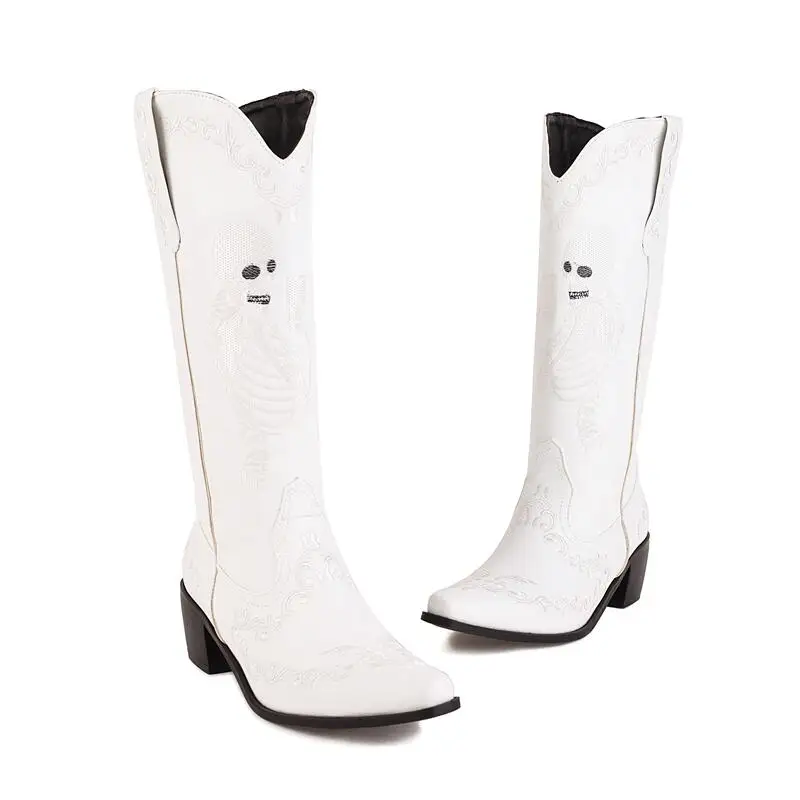 Cowboy boots for women 2022 embroidery boots white women's Mid-Calf black hallowmas plus size goth ladies botas Plus size 46