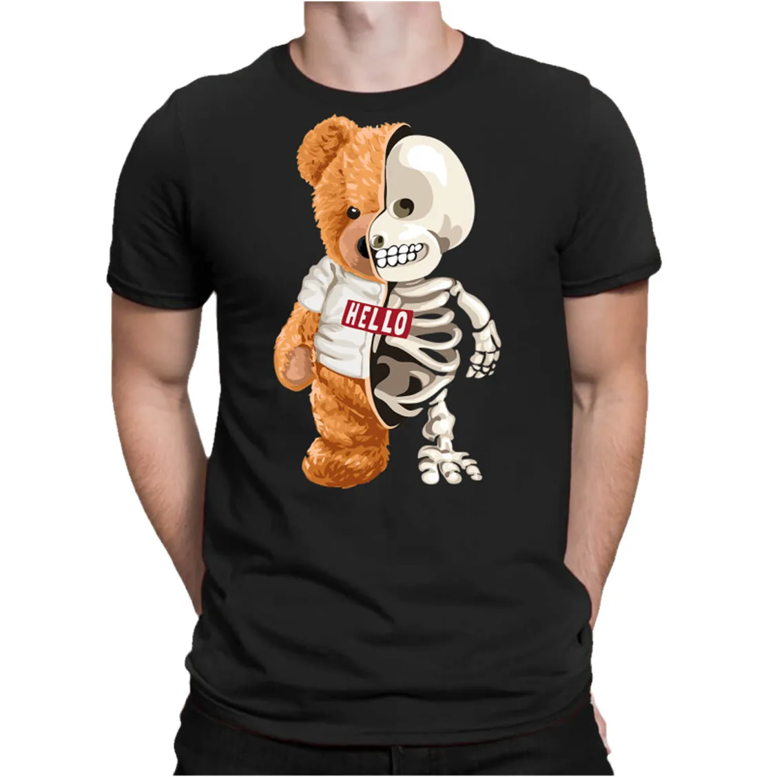 

Summer New Fashion Tee Hello Bear Toy Half Skeleton Wildlife Animal Grizzly T Shirt Classic Cotton T-Shirt