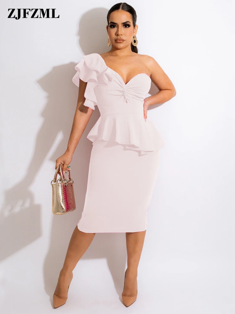 

Attractive Solid Two Piece Dress Sets Sexy Outfits for Women One Shoulder Cascading Ruffles Tops and Body-shaping Pencil Skirts