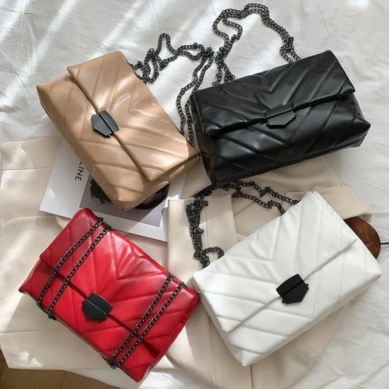 Embroidery Thread PU Leather Crossbody Bags for Women Fashion Chain Messenger Shoulder Bags Female Large Capacity Brand Handbag