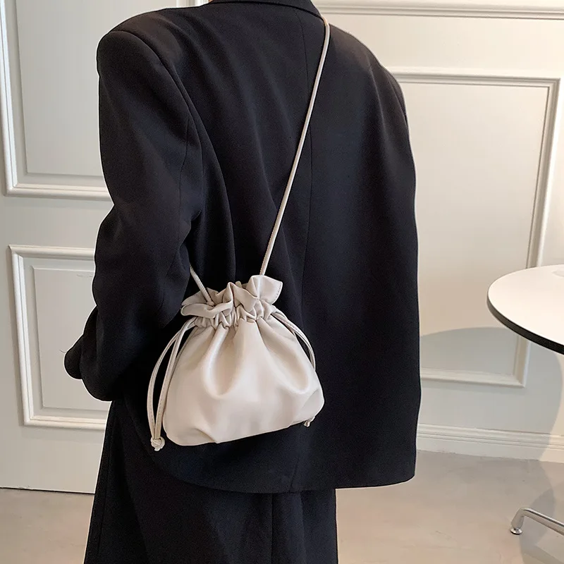 

Drawstring Bucket Shoulder Bag for Women Fashion Casual Cute Mini Cross Body Small Bag Soft Leather Solid Color Purse