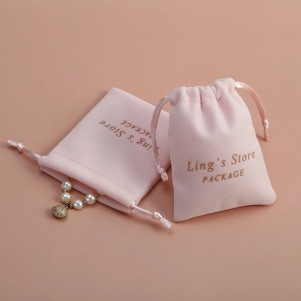

100pcs Personalized Logo Pink Velvet Jewelry Gift Bags Drawstring Small Pouches for Wedding Party Necklace Earring Packing Bag