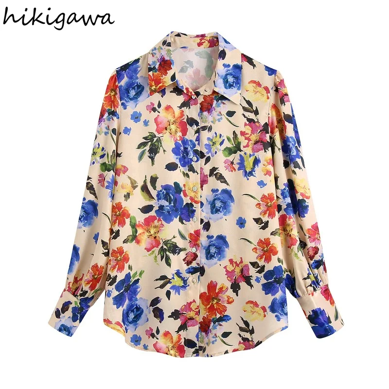 

Hikigawa Women Fashion Floral Print Casual Button-Up Shirts Vintage Turn Down Collar Long Sleeve Female Blouse Chic Tops Mujer
