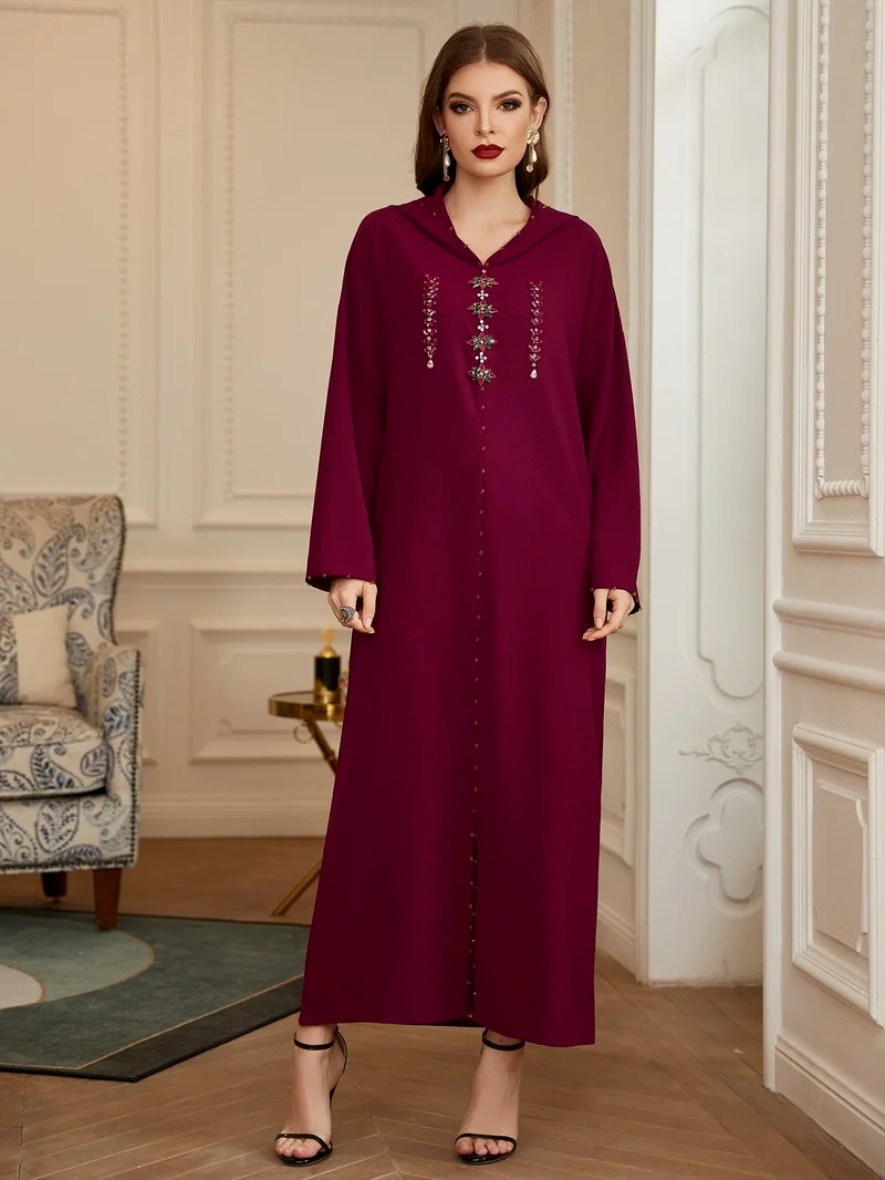 Hooded Long Dresses for Women Dark Red Hand Sew Colored Rhinestones Beaded Moroccan Caftan Loose Casual Arab Dubai Robe