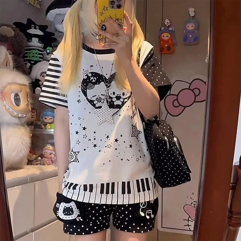 Женская футболка в стиле Harajuku Y2K с мультяшным принтом, милая повседневная футболка, винтажный свободный топ, уличная одежда, полосатая футболка в стиле пэчворк, гранж-футболка (art.: 3920db04fee00) - 3920db04fee00