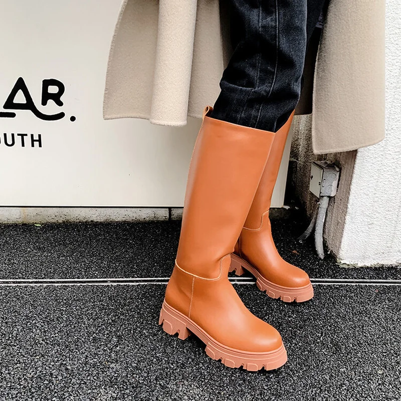 

Женские сапоги для верховой езды из натуральной кожи, на платформе и массивном каблуке