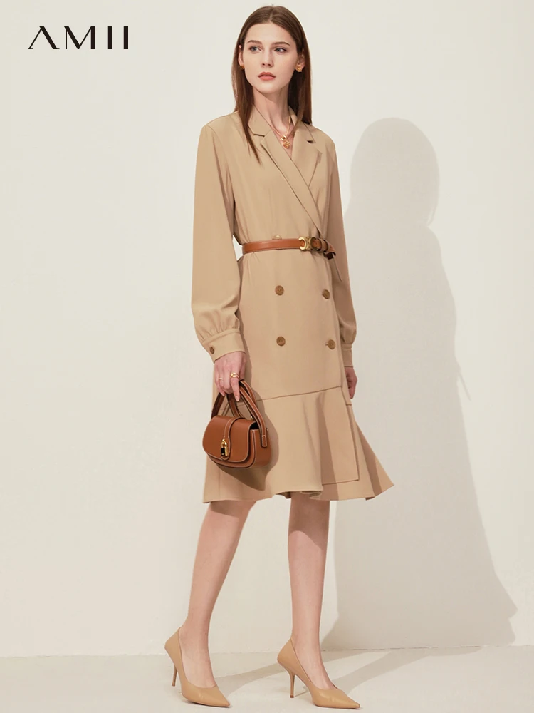 

Amii Minimalism Spring Dresses For Women Office Lady Notched Ruffle Chiffon Dress Solid Vintage Dress Female Vestidos 12230034