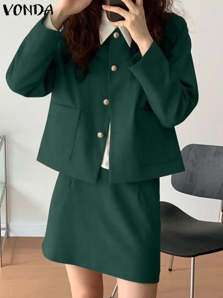 

VONDA 2023 Summer Women Short Mini Dress Sets Elegant Long Sleeve Casual Loose Tops and Skirts Suit Button Down OL Work Outfits