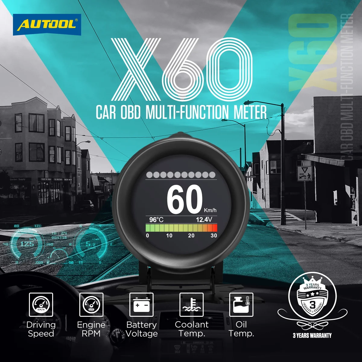 

AUTOOL X60 HUD Intelligent On-broad Computer Speed Fuel Consumption Alarm Meter Voltage Water Temp Gauge Error Code OBD2 Scanner