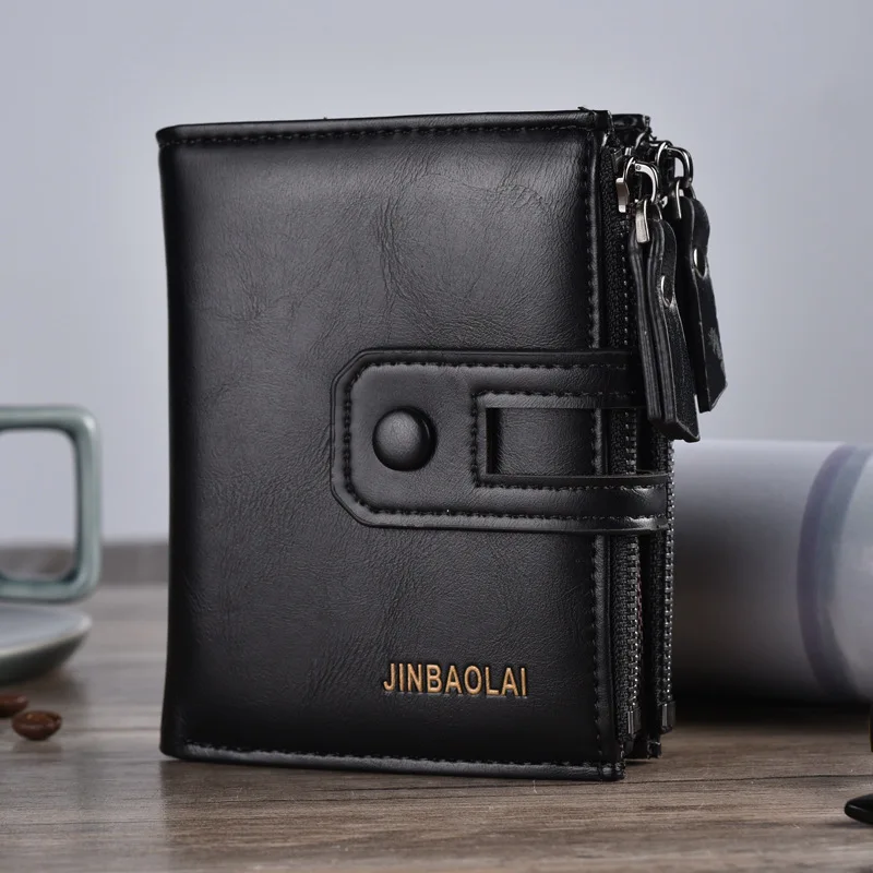 Men Wallets Leather Double Zipper Card Holder Short Male Purse Coin Pocket Vintage Brand High Quailty Men Wallets