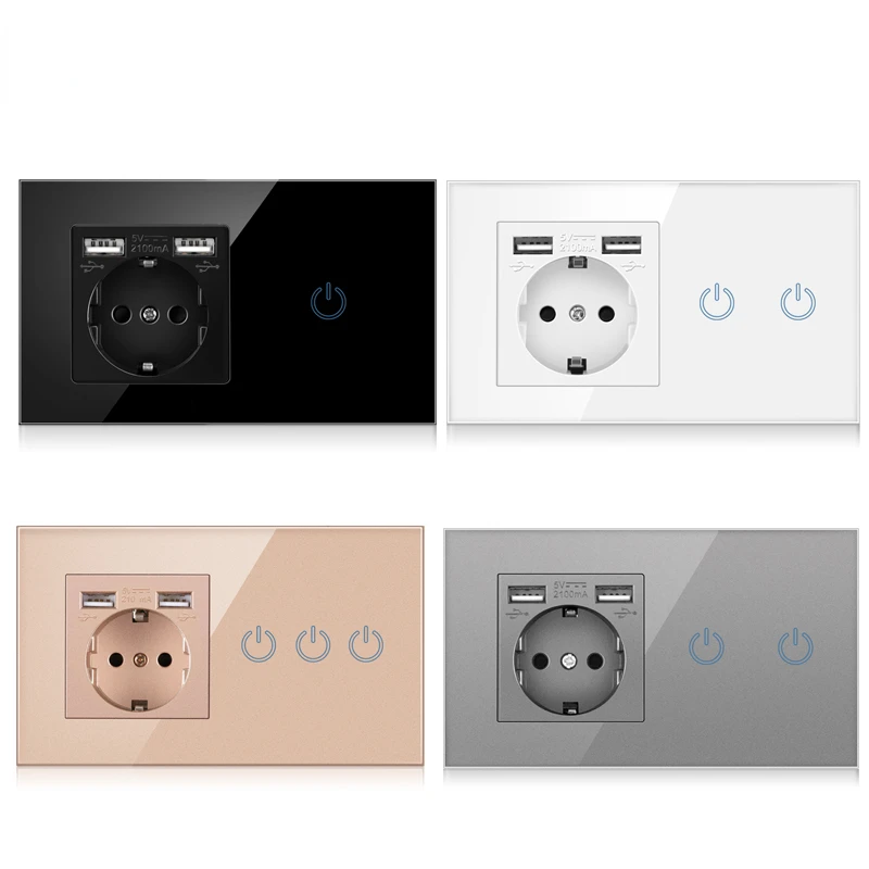 

Touch Sensor Switch With Socket With Usb Crystal Glass Panel 146*86mm 220V 16A Wall Socket With Light Switch 1/2/3Gang 1Wa