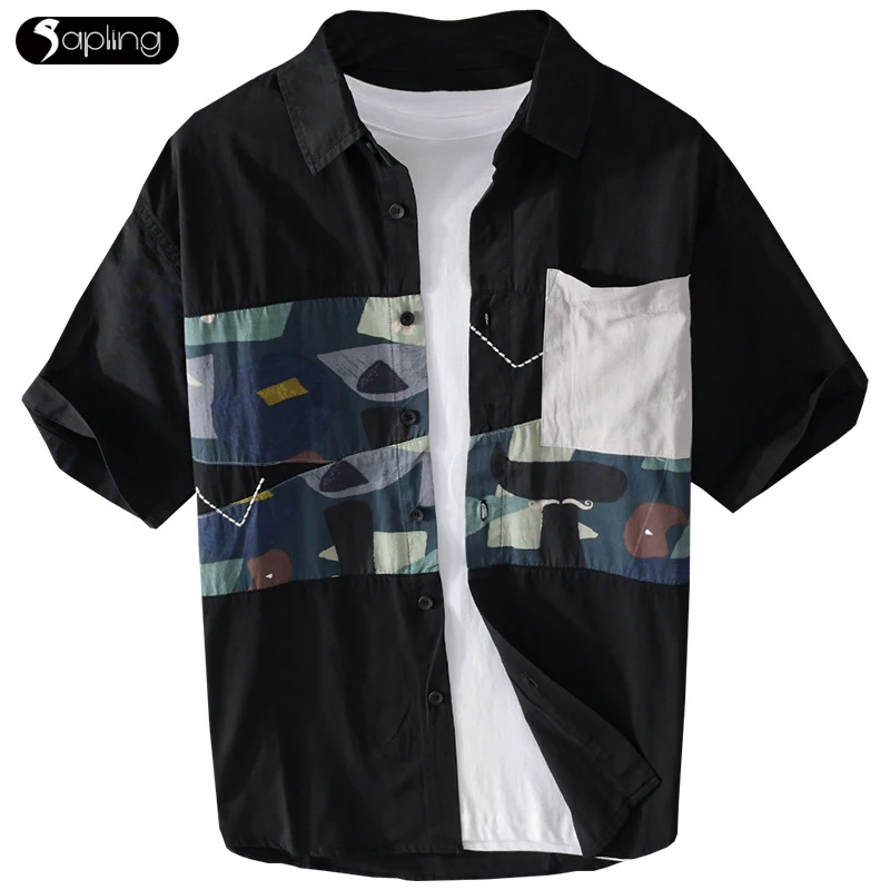 

Summer Men's Color-blocking Shirts Men Short-sleeved Shirt Loose Handsome Youth Male Cotton Fashion Shirt Patchwork Casual Coat