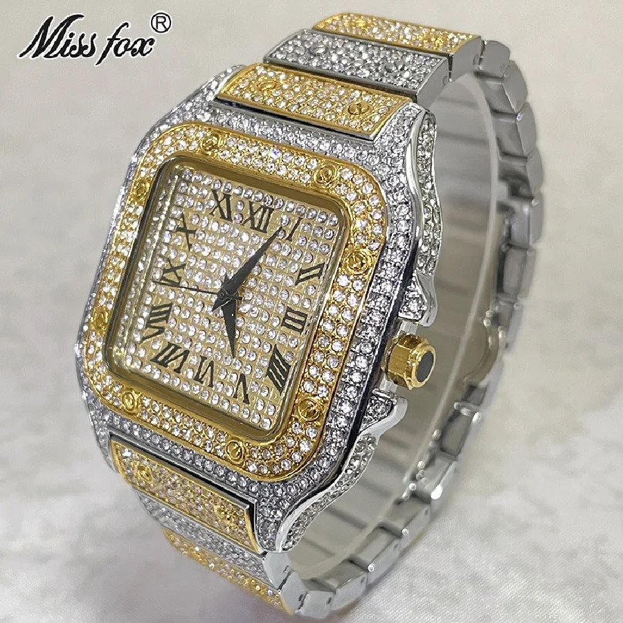 

Fashion Brand MISSFOX Gold Silver Watches Mens Luxury Iced Out Waterproof Watch Hip Hop Diamond Square Clocks Male Jewelry 2022