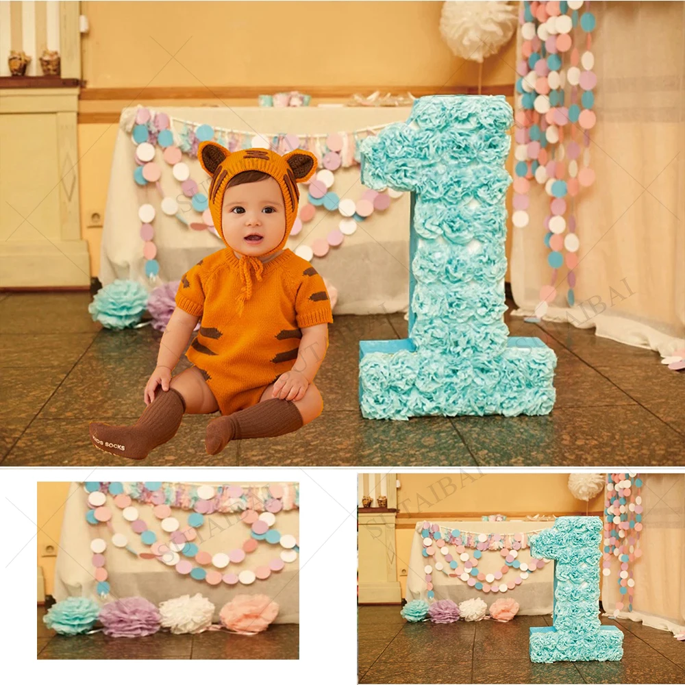 

Children 1st Birthday Scene Portrait Photography Backdrops Prop Room Decor Flowers Number Floor Baby Party Photocall Background
