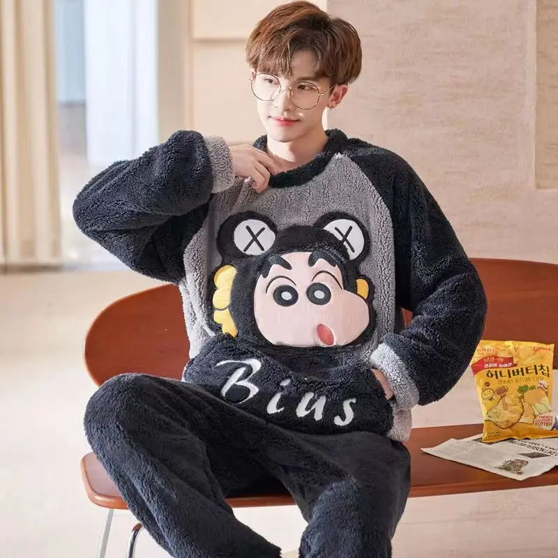 Men Winter Pajamas Set Thick Home Clothes 2 pieces Flannel Loungewear Anime Dinosaur Japan Style Pijama for Young Man Nighty