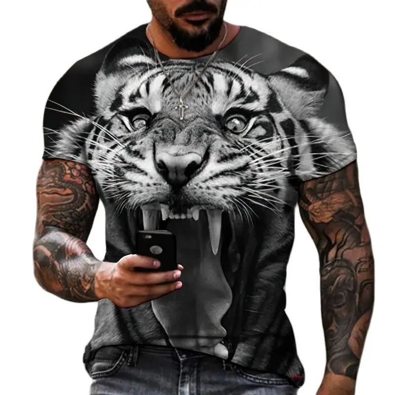 

2022 Brand Ferocious Animal Tiger 3D Printed Men's T-shirts Round Neck Short Sleeve Fashion Trend Summer Oversized T Shirts 6XL