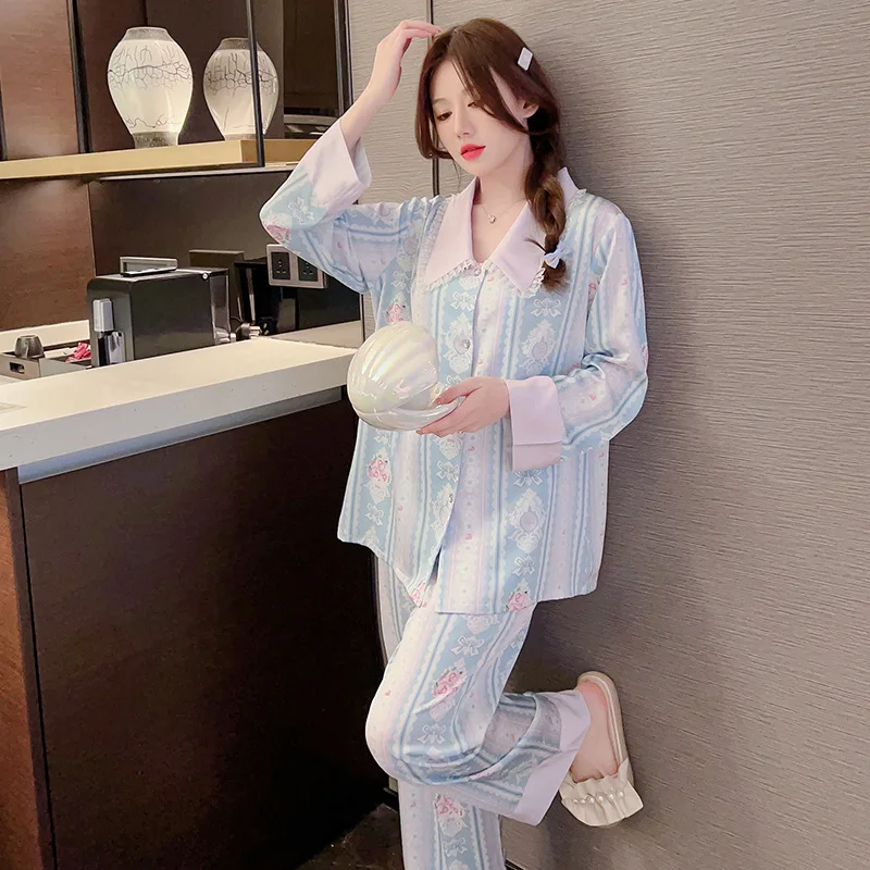New Pajamas Women's Spring Thin Cardigan Set Ice and Snow Silk Vertical Stripe Printed Home Furnishing