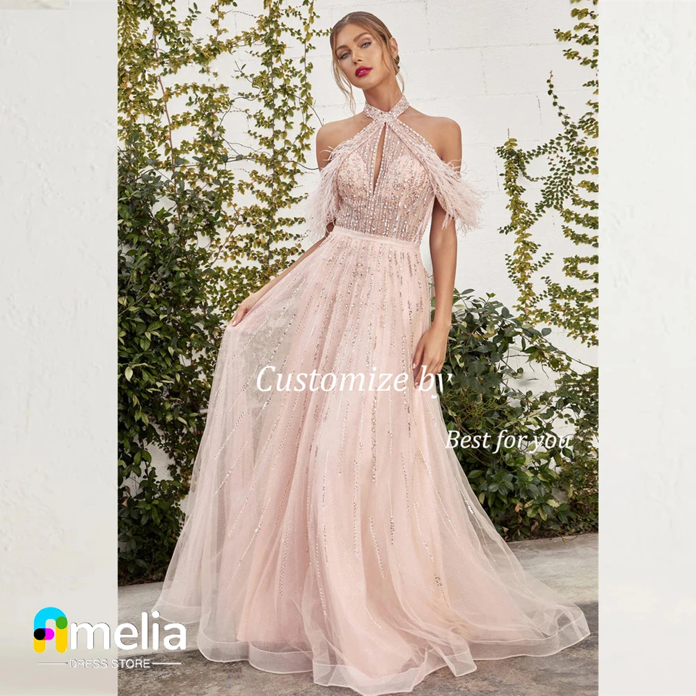 

Amelia Pink A-Line Halter Prom Dress Short Sleeves Evening Gown With Floor Length Summer Women Wedding Party Dress2023