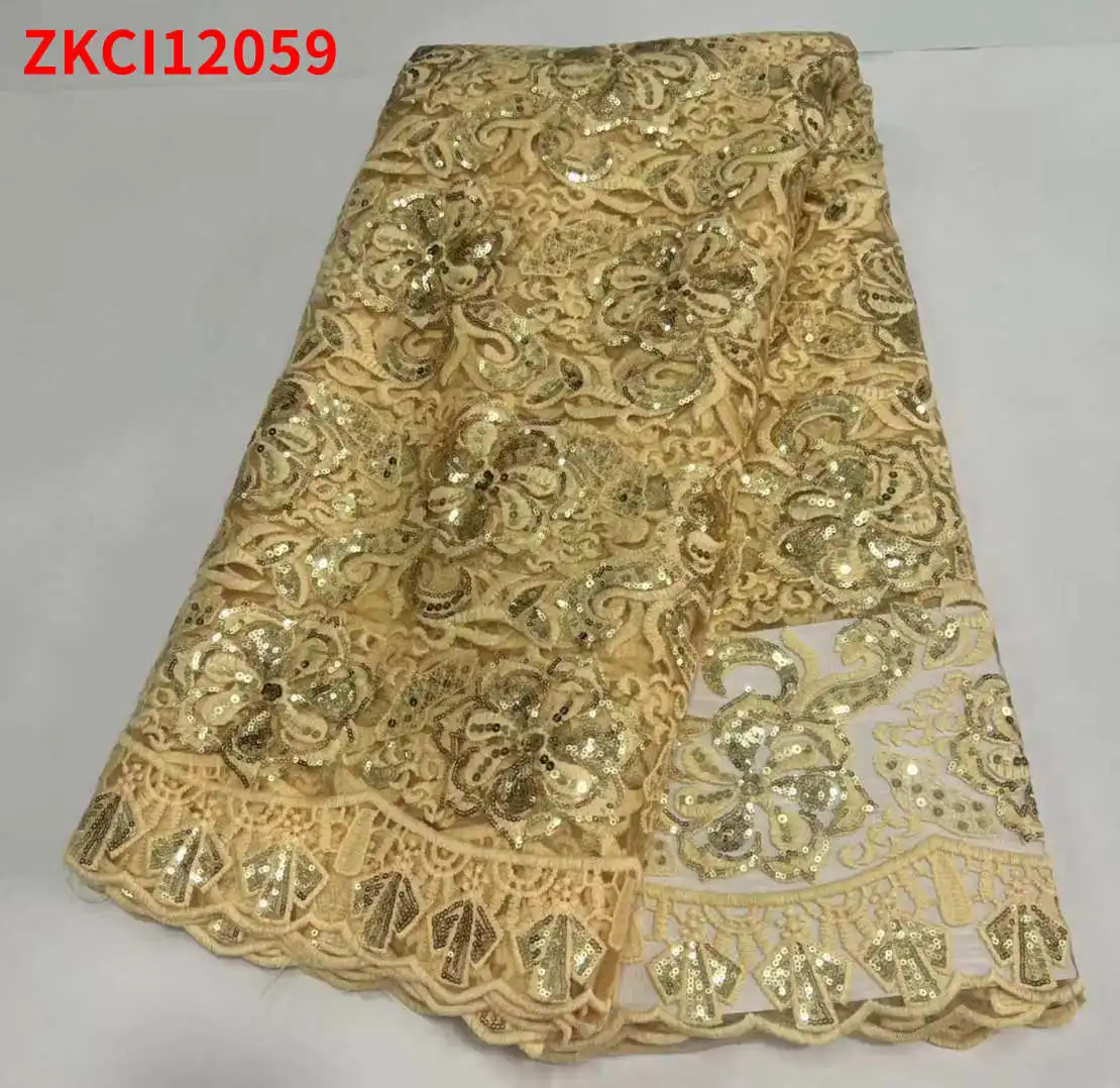

Ankara Original Sequins Lace Fabrics Hot Sale ​African Breathable Tulle ​Cloth Wedding Fabric 5 Yards/Lot ZKCI12059