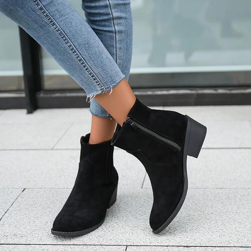 Plus Size 43 Women's Boots Suede Pointed Toe Ankle Boots Casual Mid Heel Shoes Ladies Autumn Winter Zip Up Shoes Botas Mujer New