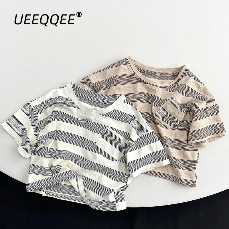 

Cotton Stripe 2023 Summer School Children T-Shirts Casual Boy Tshirts Short Sleeve Pocket Toddler Top Tees Kids Clothes For 2-8Y