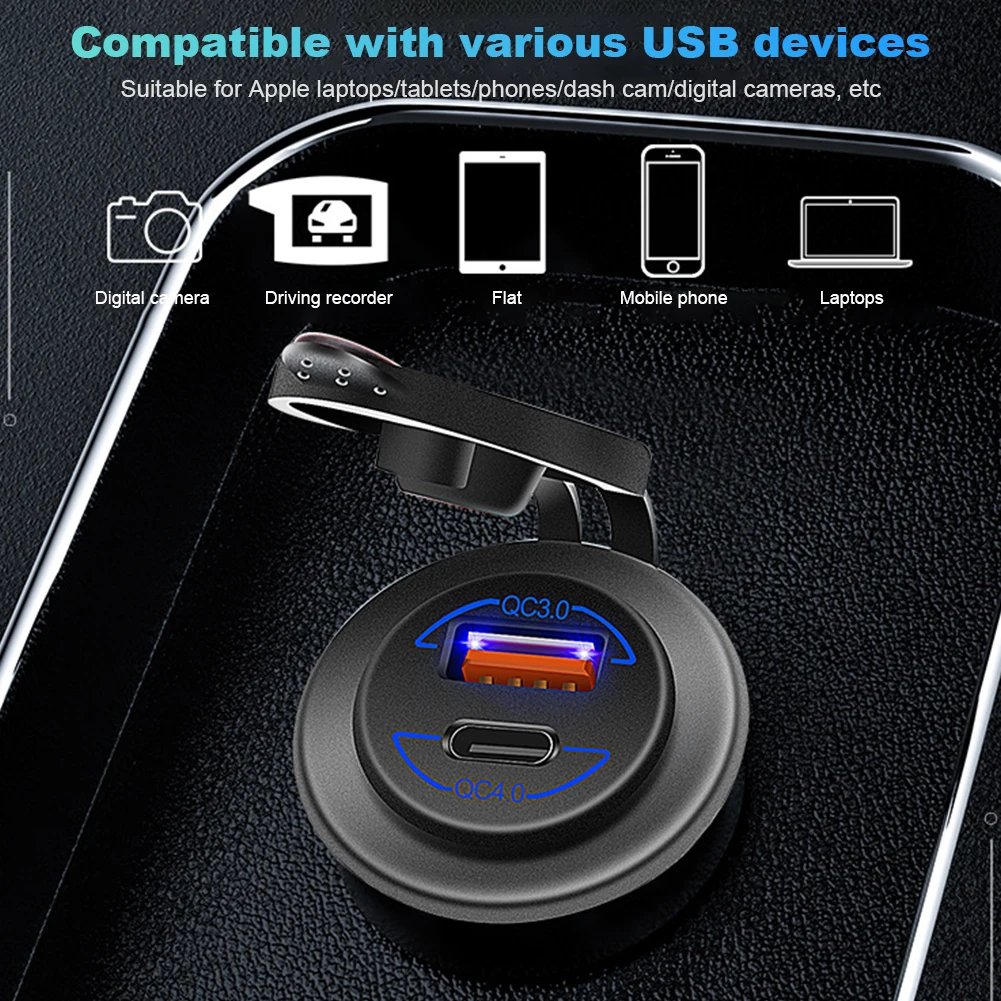 

Waterproof Car Power Outlet QC4.0 PD 60W Car Phone Charger Dual Ports Car Charger Adapter 12-24V for Marine Boat Motorcycle Golf