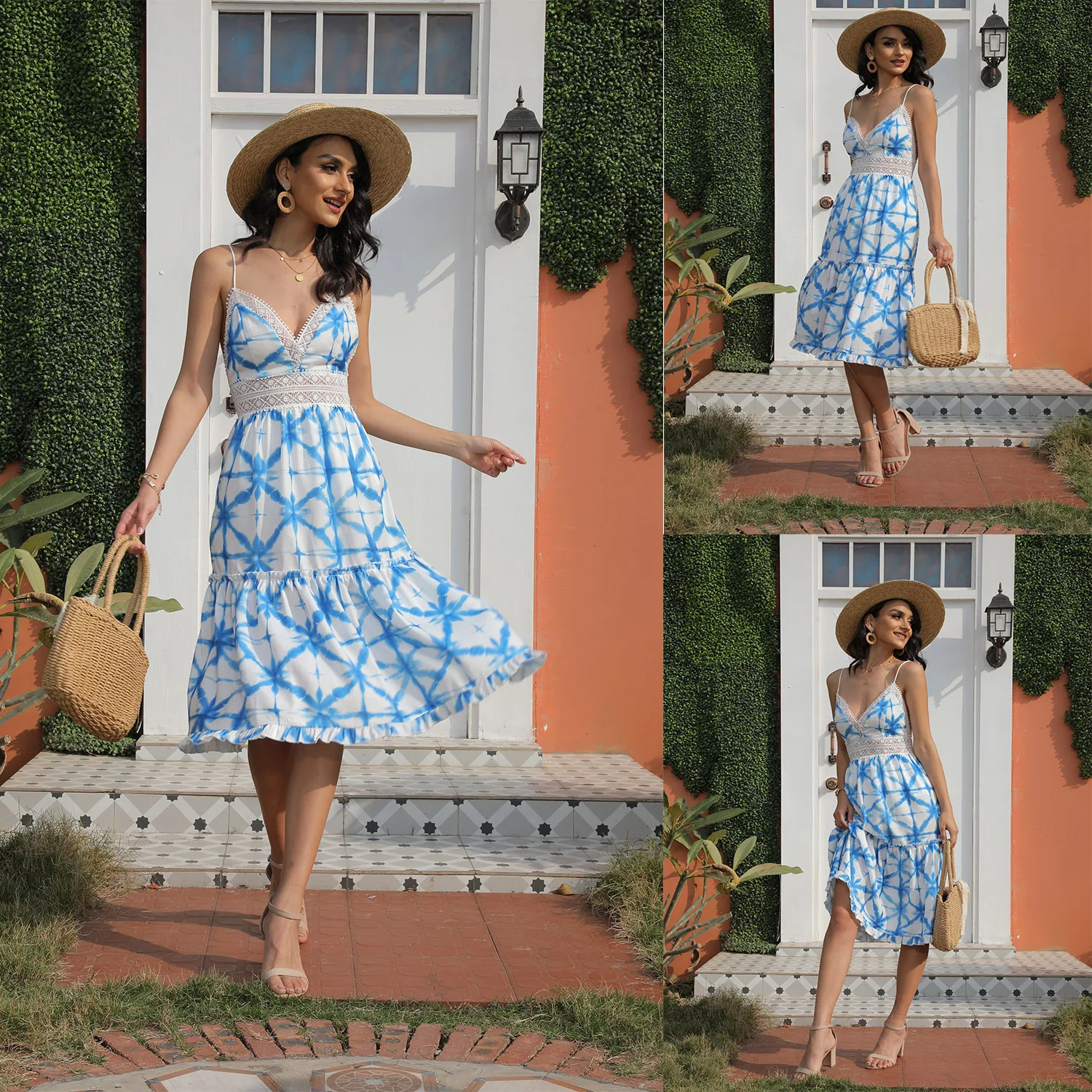 

2022 summer print temperament commuter blue high waist suspender dress halter dress african lace dresses for women in clothing