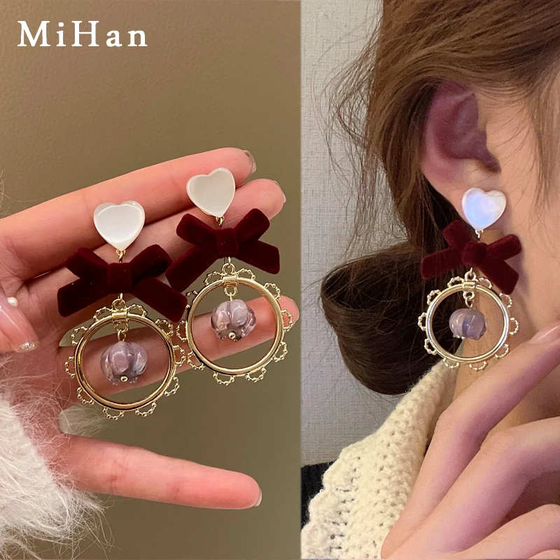 

Mihan 925 Silver Needle Sweet Jewelry Heart Bow Earrings Pretty Design Vintage Flocking Resin Drop Earrings For Celebration Gift