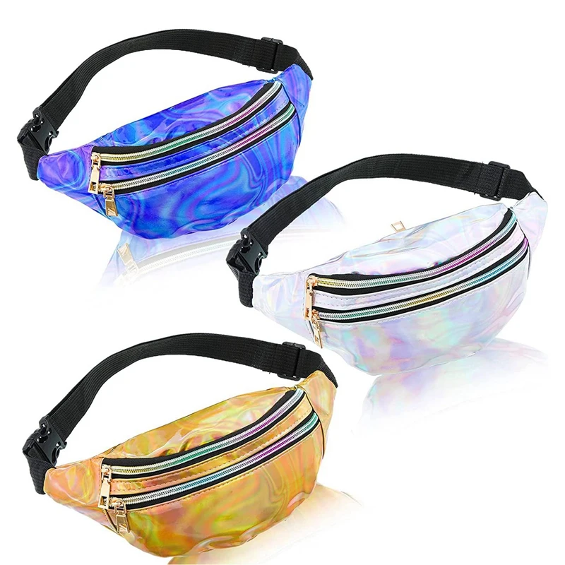 

3 Pieces Holographic Fanny Pack Metallic Iridescent Neon Sport Waist Bag Reflective Belt Bag with Adjustable Belt