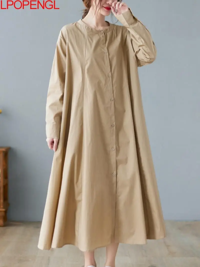 

Женское однотонное свободное платье-трапеция, Элегантное однобортное платье-рубашка до середины икры с длинным рукавом и круглым вырезом, весна 2023