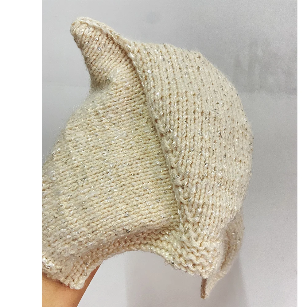 Женская забавная теплая вязаная зимняя однотонная бежевая шапка в виде кошки с