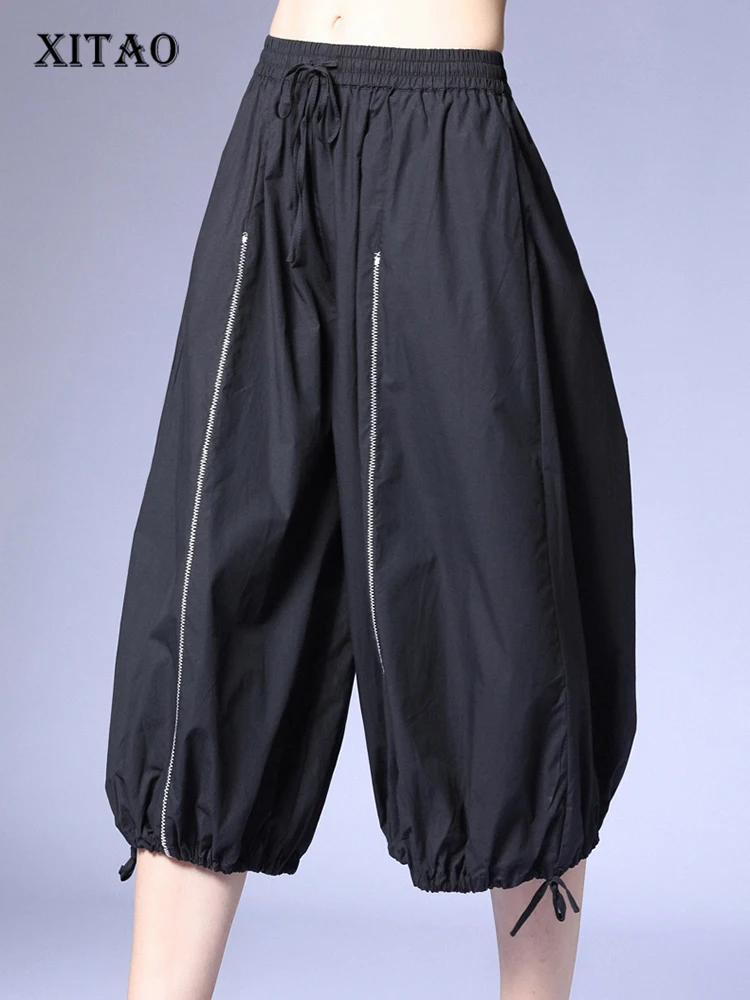 

XITAO Loose Casual Wide Leg Pants Fashion Women Black Draw String Calf-length Pants Summer New Simplicity All-match WLD8089