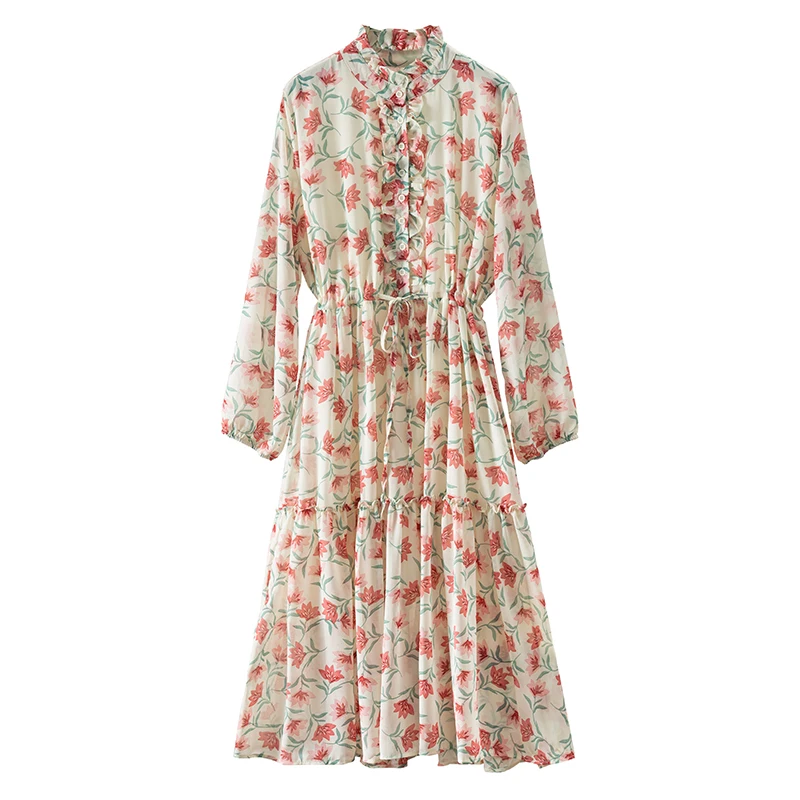 

High-quality Summer Dress Women Chiffon Mid-Calf STAND Collar Vestidos Elegantes Para Mujer Polyester Single Breasted