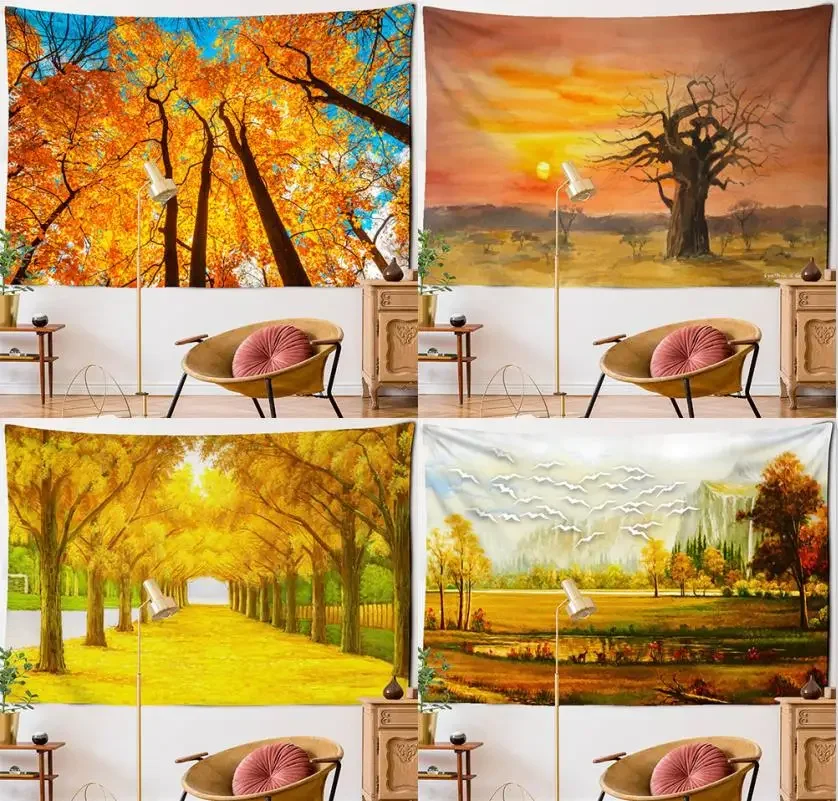 Гобелен с красным кленовым лесом осенняя сцена настенная подвеска в богемном