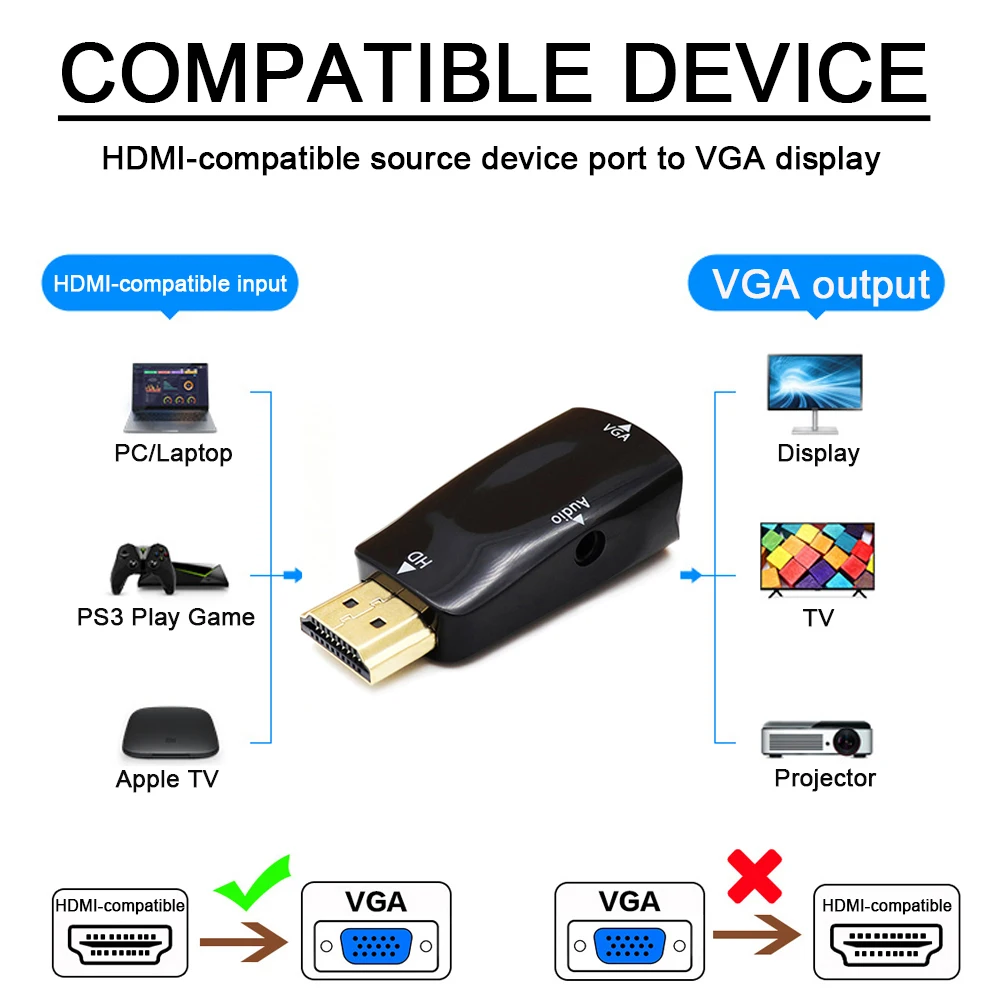 HDMI-совместимый преобразователь VGA с аудиокабелем 3 5 мм штекер к Famale HD 1080P адаптер