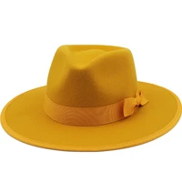 yellow women men wool fedora hat with bow ribbon gentleman elegant lady winter autumn wide brim jazz church panama sombrero cap