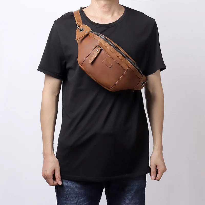 Multi Functional Genuine Leather Men's Waist Bag Outdoor Sports and Leisure Cowhide Crossbody Chest Bag Retro Men's Bag